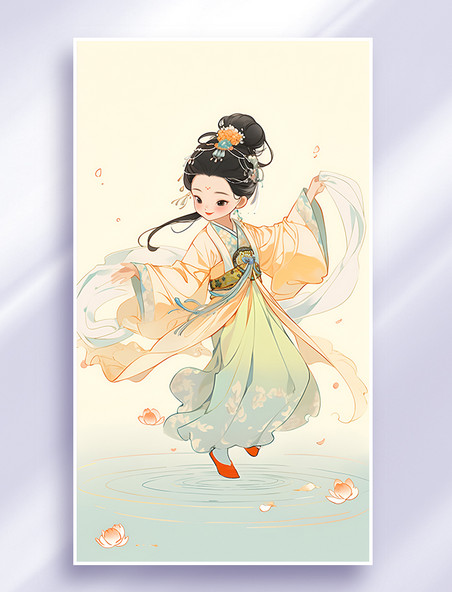 中国风唐风水上跳舞女孩人物插画