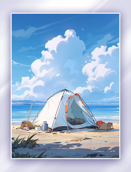 夏季唯美海边沙滩帐篷风景插画
