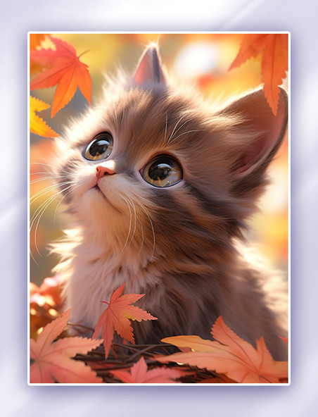 秋天枫叶落叶可爱的小猫宠物插画摄影图