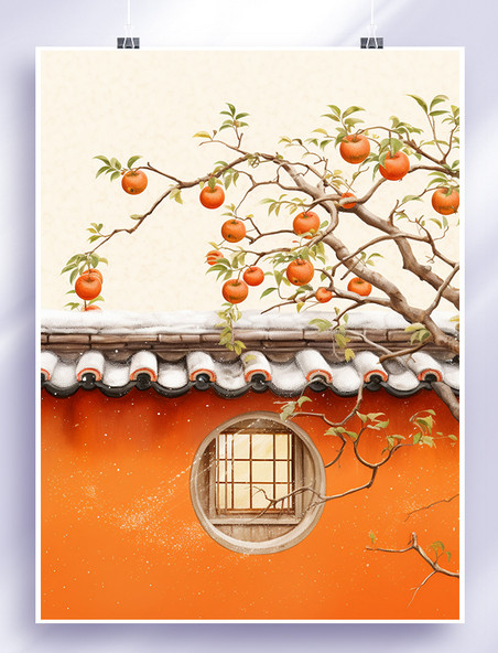 唯美中国风墙外的柿子树霜降节气插画13