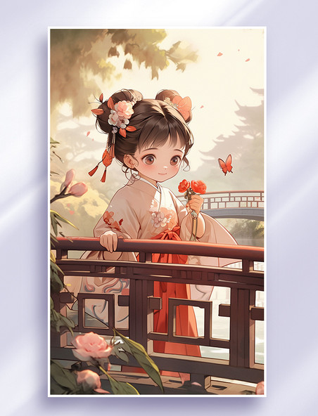 中国风唐风人物手绘在桥上穿汉服赏花小女生