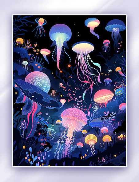 海底世界中神秘深海水母插画