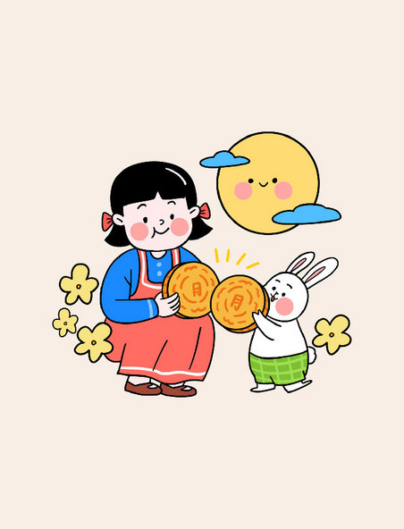 吃月饼中秋节玉兔女孩和兔子