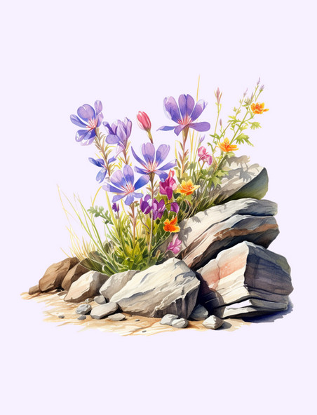 剪贴画水彩紫花鲜花石头免扣元素