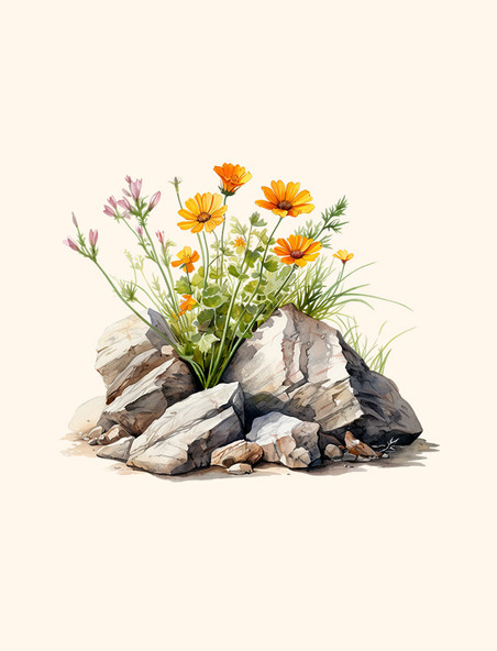 水彩橙色小花鲜花植物石头免扣元素