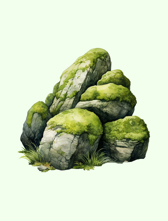 绿色水彩布满青苔石头免扣元素