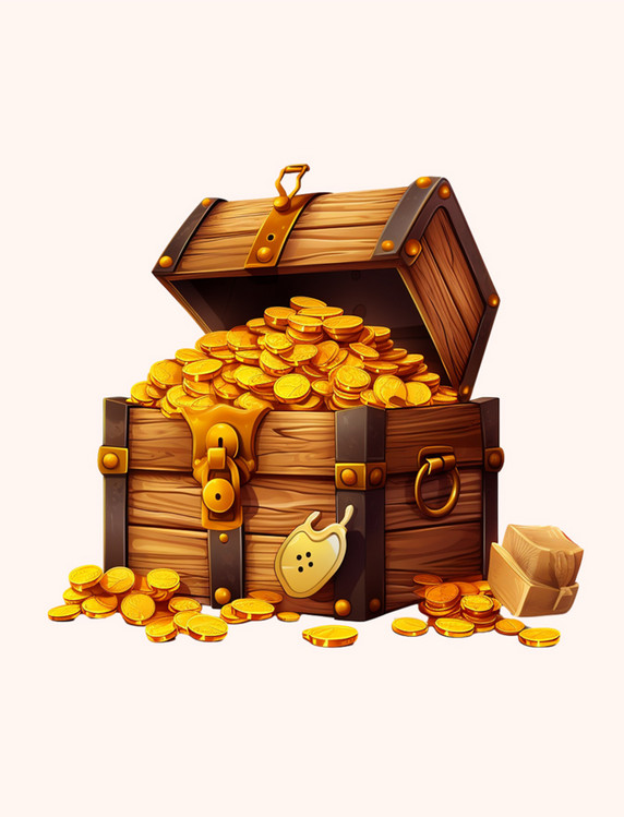 木箱和装有金币的大旧袋子元素
