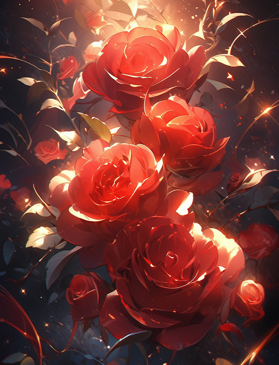 红色玫瑰花瓣插画闪光梦幻情人节花卉花朵植物