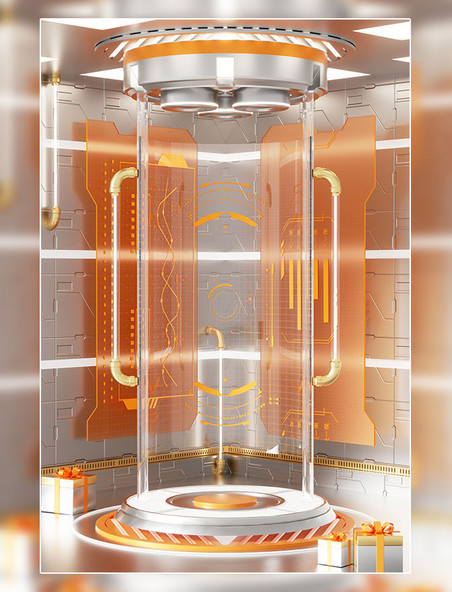 科技风3D立体橙色玻璃质感科技展示柜电商展台场景