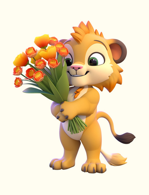 老虎卡通拿着鲜花3d手绘元素