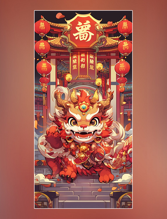  国潮风中国龙中国风格的卡通龙醒狮过年新年龙