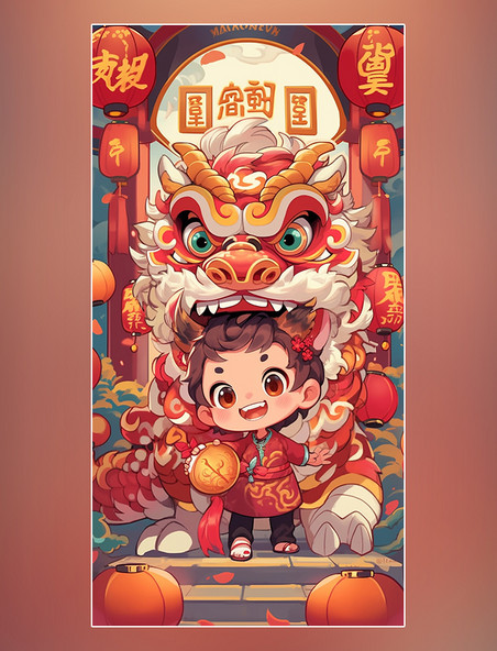 可爱的中国龙新年龙中国风格的卡通龙醒狮过年