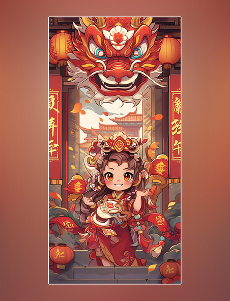 中国风格的卡通龙卡通可爱的中国龙新年龙醒狮过年
