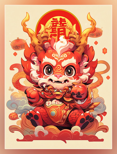 丰富多彩中国龙新年龙醒狮过年中国风格的卡通龙国潮风龙宝宝