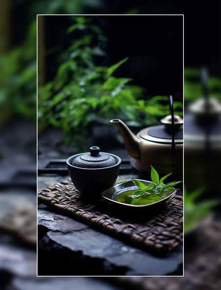中式喝茶意境茶杯茶碗竹叶
