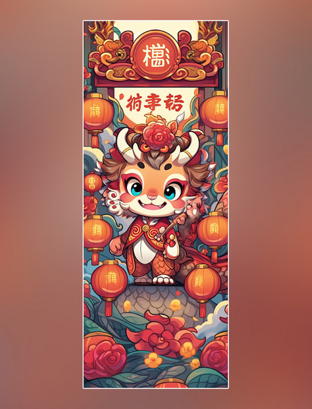 卡通可爱中国龙新年龙中国风格的卡通龙醒狮过年
