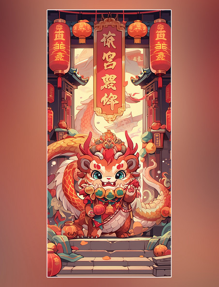 国潮风中国龙醒狮过年新年龙中国风格的卡通龙
