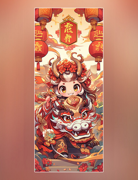 中国龙新年龙中国风格的卡通龙醒狮过年国潮风