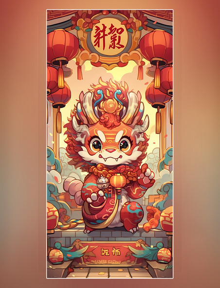 新年龙中国风格的卡通龙醒狮过年卡通可爱的中国龙