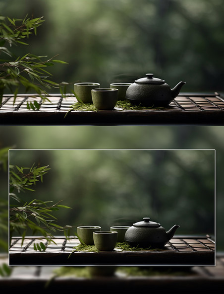 中式喝茶意境茶杯茶碗竹叶