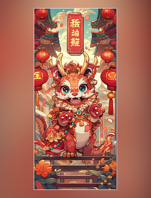 新年龙卡通可爱的中国龙中国风格的卡通龙醒狮过年