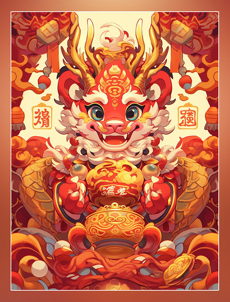 中国风格的卡通龙国潮风龙宝宝中国龙新年龙醒狮过年龙插图丰富多彩