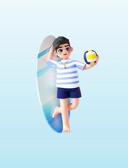 3D立体夏日夏天海边沙滩冲浪人物玩排球