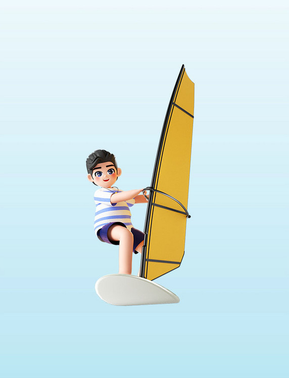 3D立体夏日夏天海边沙滩帆船冲浪人物