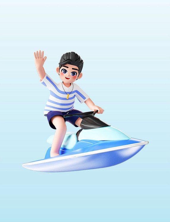 夏天3D立体海边沙滩冲浪人物玩水上快艇