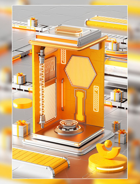 3D立体橙色系金属银科技展示柜电商场景