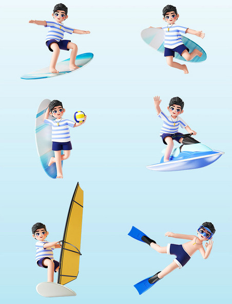3D立体夏日夏天海边沙滩冲浪人物套图
