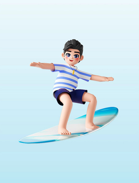 夏天3D立体海边沙滩人物玩冲浪板冲浪形象
