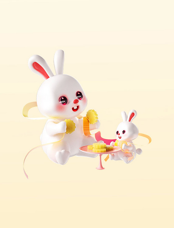 中秋节3D立体可爱兔子中秋节日吃月饼动物拟人IP