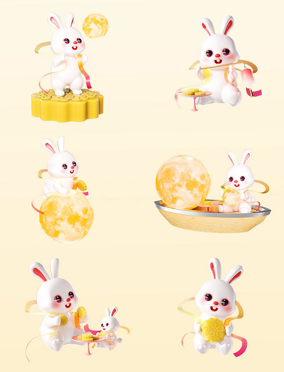 中秋节3D立体可爱兔子过中秋C4D形象场景动物拟人IP