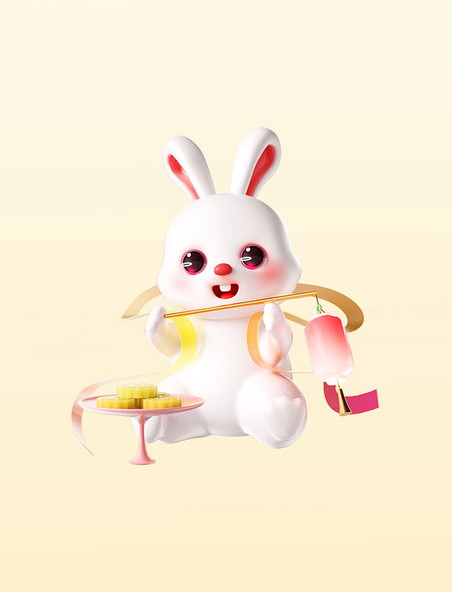 3D立体中秋节可爱兔子拿灯笼动物拟人IP