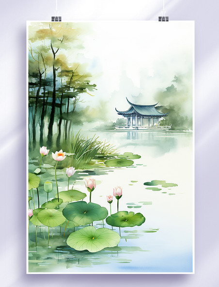 夏季中国风夏天小河池塘水彩大暑节气海报背景