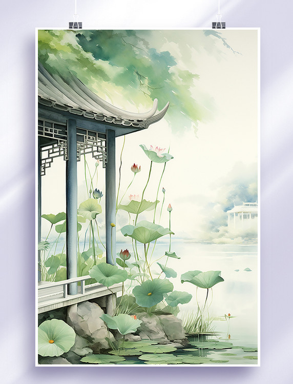 夏天荷塘中国风莲花手绘大暑节气海报背景