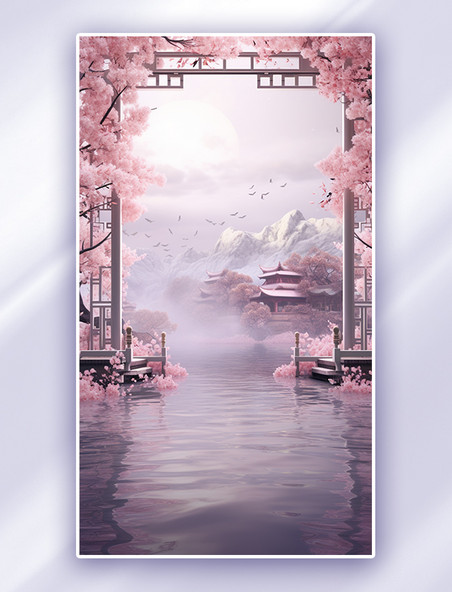 七夕中国风国潮紫色3D山水场景插画