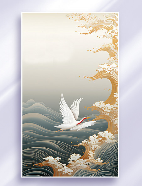 中国风国潮典雅白鹤和金线海浪