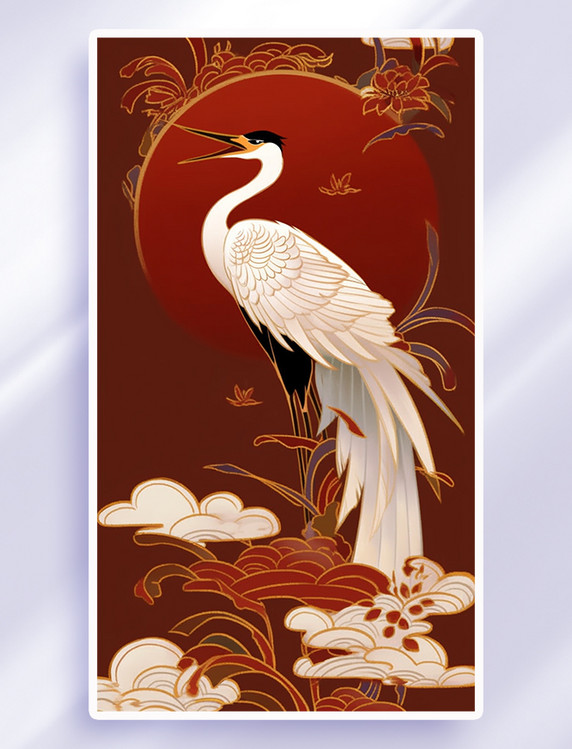 中国风国潮白鹤仙鹤动物花鸟红色