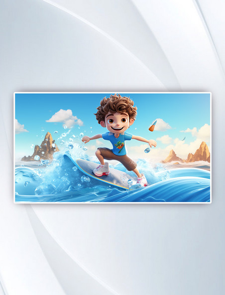 海上冲浪的卡通男孩背景插画