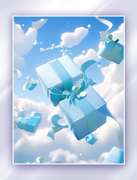 蓝色礼盒在空中飞舞蓝天白云礼物蓝色