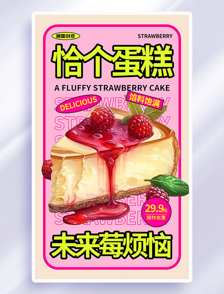 粉色草莓蛋糕AIGC营销促销海报