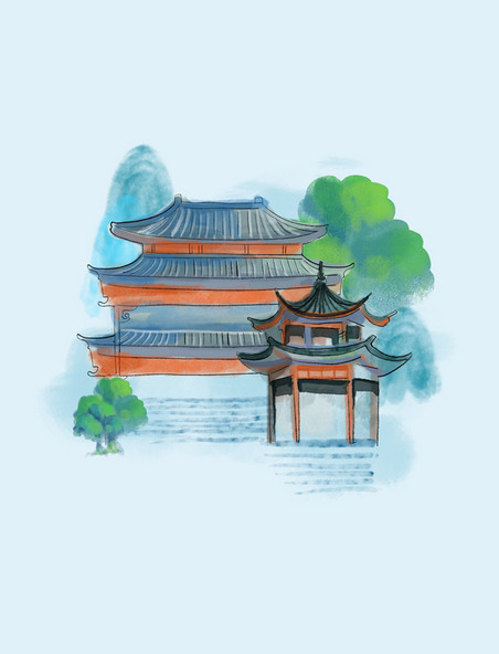 中国风中式创意水墨建筑水彩风格亭子