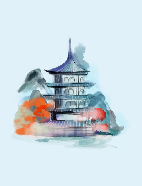 中式水墨建筑塔楼水彩风格亭子山水