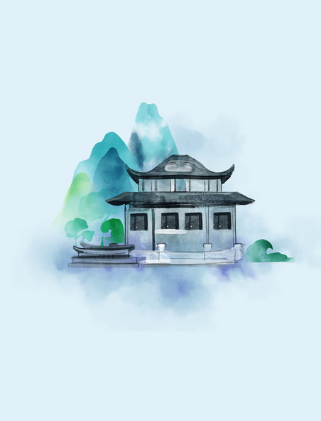 中国风中式水墨建筑水彩风格亭子山水