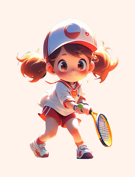 3D立体运动会打网球的可爱小女孩形象手绘运动体育