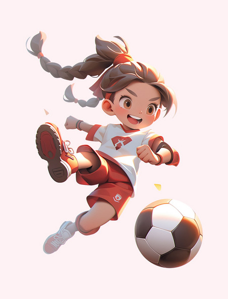 运动会踢足球的可爱女孩3D立体人物手绘运动体育