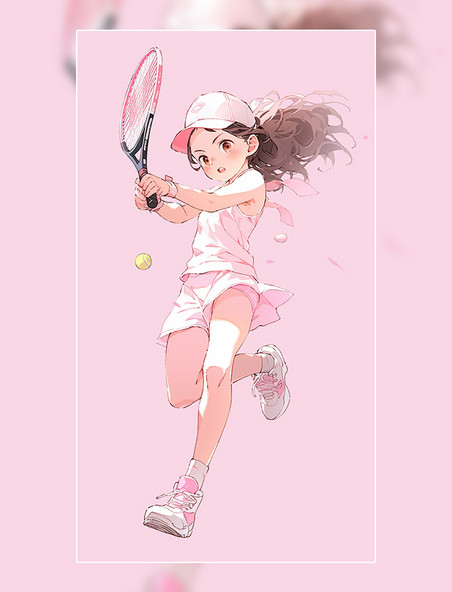 可爱小女孩手拿球拍打球戴网球帽 