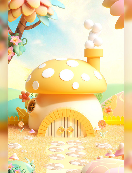 4d秋天丰收季节3d立体创意场景背景蘑菇屋卡通童话